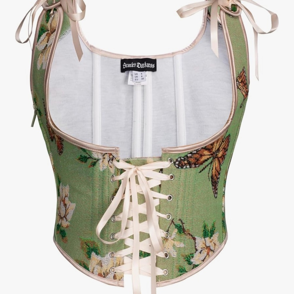 Green Floral Lace-Up Corset Top